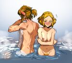 1boy 1girl 1girl ass bathing blonde_hair blush breasts breath_of_the_wild completely_nude completely_nude_female completely_nude_male covering covering_breasts crossed_arms duo earrings embarrassed female_pubic_hair functionally_nude green_eyes hair_ornament hairclip hylian jewelry knight kukumomo link link_(breath_of_the_wild) looking_at_another male medium_breasts medium_hair navel nipples nude nude_female nude_male outdoor_nudity outside partially_submerged patreon_username pointed_ears ponytail princess princess_zelda pubic_hair scar short_hair short_ponytail steam stomach the_legend_of_zelda the_legend_of_zelda:_breath_of_the_wild the_legend_of_zelda:_breath_of_the_wild_2 thighs tied_hair towel water wet weter white_towel zelda_(breath_of_the_wild)