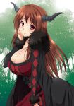 1girl blush breasts brown_hair choker cleavage demon_girl demon_horns dress fur_trim hand_on_own_cheek hand_on_own_face horns huge_breasts izumi_mahiru long_hair looking_at_viewer maou_(maoyuu) maoyuu_maou_yuusha red_eyes smile solo