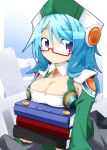  1girl blue_eyes blue_hair blue_sky book breast_rest breasts cardfight!!_vanguard carried_breast_rest carrying cleavage cleavage_cutout glasses hat large_breasts long_hair looking_at_viewer pillar quiet_sage_sharon red-framed_glasses reku semi-rimless_glasses sky 