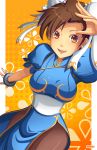 1girl boots bracelet breasts brown_eyes brown_hair brown_legwear bun_cover capcom china_dress chinese_clothes chun-li double_bun dress earrings jewelry muki_(mayuiki) pantyhose pelvic_curtain short_hair solo spiked_bracelet spikes street_fighter