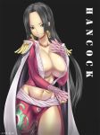  1girl 2009 amazon amazon_lily bad_id black_eyes black_hair blush boa_hancock breasts cape character_name cleavage dated earrings epaulettes female forehead hebihime huge_breasts jewelry legs long_hair menosuke midriff one_piece shichibukai smile thighs 