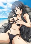 1girl akiyama_mio bangs beach bikini black_eyes black_hair blue_eyes blunt_bangs blush breast_hold breasts covering covering_breasts female k-on! long_hair outdoors rock rocks side-tie_bikini sky solo spread_legs swimsuit tears uninigumi untied wardrobe_malfunction