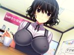  1girl amakura big_breasts black_eyes black_hair breasts cup erect_nipples game_cg hibiki_nanase indoors kanji large_breasts looking_at_viewer school_uniform short_hair sitting smile solo table tenioha!_onna_no_ko_datte_honto_ha_ecchi_da_yo? wavy_hair 