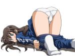 1girl ass blush brown_eyes brown_hair buruma buruma_pull double_vertical_stripe gym_uniform lielos long_hair looking_at_viewer looking_back original panties pants_pull pulled_by_self sera_haruna socks solo thigh_gap top-down_bottom-up trefoil underwear white_legwear white_panties