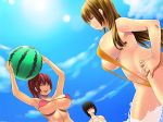 3_girls 3girls arms_up bad_id ball beachball big_breasts bikini black_hair blue_eyes blush breasts brown_eyes brown_hair curvy huge_breasts large_breasts menosuke multiple_girls original plump red_hair sky sling_bikini smile swimsuit underboob water wet