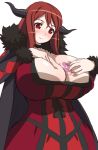 1girl breast_suppress breasts cape choker cleavage demon_girl female horns huge_breasts long_hair maou_(maoyuu) maoyuu_maou_yuusha red_eyes red_hair simple_background solo standing tattoo umi_no_tarako white_background