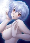 1girl blue_hair blush breasts bust moon neon_genesis_evangelion nipples nude red_eyes rei_ayanami short_hair solo topless uninigumi upper_body