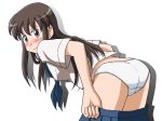 1girl ass bent_over blush brown_eyes brown_hair lielos long_hair looking_at_viewer looking_back neckerchief original panties pleated_skirt school_uniform sera_haruna serafuku skirt skirt_pull solo standing sweatdrop underwear white_panties