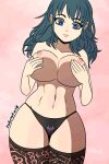 1girl bare_breasts bare_chest big_breasts black_panties blue_eyes bouncing_breasts breast_hold breasts byleth_(female) byleth_(fire_emblem) byleth_(fire_emblem)_(female) crest_(fe3h) expressionless female_focus female_only fire_emblem fire_emblem:_three_houses gif kinkymation leggings long_hair looking_at_viewer nintendo nipples panties pink_background solo_female solo_focus stockings tagme teal_hair topless video_game_character video_game_franchise