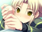  1girl amakura blonde_hair blush censored erection game_cg handjob high_res highres penis short_hair staring tenioha!_onna_no_ko_datte_honto_ha_ecchi_da_yo? two-handed_handjob yellow_eyes 