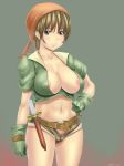 1girl aqua_eyes areola areolae bad_id bandana bandanna belt big_breasts blush breasts brown_hair cleavage dagger denim denim_shorts erect_nipples final_fantasy final_fantasy_tactics gloves hand_on_hip hips large_breasts menosuke midriff navel nipple_slip nipples open_fly plump pubic_hair short_hair short_shorts shorts solo standing thief_(fft) unzipped weapon