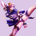  1girl alternate_legwear big_breasts black_panties bow bow_panties bracelet breasts brown_hair bun_cover capcom china_dress chinese_clothes chun-li covered_nipples double_bun dress erect_nipples garter_belt high_kick homex jewelry kicking large_breasts motion_blur panties pelvic_curtain solo spiked_bracelet spikes stockings street_fighter striped striped_panties thighhighs underwear 