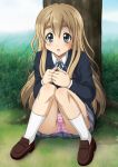 1girl blonde_hair blue_eyes k-on! kotobuki_tsumugi long_hair panchira_sit panties pantyshot pantyshot_(sitting) pantyshot_sitting pink_panties school_uniform sitting solo striped striped_panties underwear uninigumi