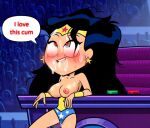 after_sex big_breasts black_hair cum cum_in_mouth cum_on_breasts dc_comics edit english_text erect_nipples heart-shaped_pupils justice_league long_hair screenshot_edit soniban_nsfw teen_titans_go text text_bubble wonder_woman wonder_woman_(series)