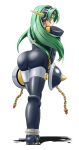  1girl ass bad_id bodysuit chain chains green_hair high_res highres long_hair looking_back marion_(shinrabanshou) shinrabanshou simple_background skin_tight solo tezunuri white_background yellow_eyes 