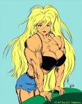 1girl beautiful_muscle_girl_tetsuko_(webcomic_series) big_breasts blonde_hair clothes dcmatthews green_eyes hair muscle muscular_female tetsuko_breckenridge