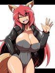 1girl animal_ears breasts cleavage female fox_ears fox_tail highleg huge_breasts jacket long_hair open_mouth pink_eyes pink_hair regls simple_background solo standing tail waving wink