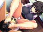  1boy 1girl amakura barefoot big_breasts black_eyes black_hair breasts crossdressing erection facesitting feet femdom footjob game_cg hibiki_nanase large_breasts looking_down panties penis school_uniform short_hair sitting sitting_on_face sitting_on_person skirt smile sweat tenioha!_onna_no_ko_datte_honto_ha_ecchi_da_yo? toes trap underwear upskirt wavy_hair 