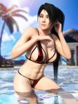 1girl 3d abs alluring athletic_female big_breasts bikini black_hair blue_sky breasts cleavage dead_or_alive dead_or_alive_6 dead_or_alive_xtreme dead_or_alive_xtreme_2 dead_or_alive_xtreme_3_fortune dead_or_alive_xtreme_beach_volleyball dead_or_alive_xtreme_venus_vacation eyeshadow female_abs female_only fit_female in_water kunoichi long_hair looking_away momiji momiji_(ninja_gaiden) ninja_gaiden ponytail pool smile solarius_astera swimming_pool tecmo thick_eyebrows thong thong_bikini tied_hair water wet_skin yellow_eyes