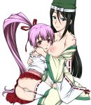 2girls :p bad_id black_hair blush bow breasts cameltoe hair hair_bow hat headgear hug hugging imagawa_yoshimoto_(sengoku_otome) japanese_clothes kimono masa_yuki multiple_girls panties pink_eyes pink_hair ponytail purple_eyes sengoku_otome short_kimono stockings tate_eboshi thighhighs tokugawa_ieyasu_(sengoku_otome) tongue tongue_out underwear upskirt yukata yukimasa_(nkk145) yuri