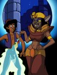  1female 1male aladdin aladdin_(series) anthro black_hair bottomless cat clothed clothing dboy disney feline female fire flaccid grin hair half-dressed human magic male mirage_(aladdin) navel penis smile testicles 