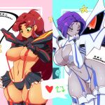  2_girls big_breasts breasts clothed_female comic_book_character cosplay dc_comics female_focus female_only green_eyes high_res junketsu kill_la_kill large_ass long_hair lunaexhabbitix midriff purple_eyes purple_hair raven_(dc) red_hair senketsu short_hair sideboob starfire stockings superheroine tagme teen teen_titans wide_hips 