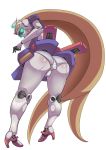 1girl aqua_eyes ass bad_id blonde_hair g_gundam gundam high_heels leaning_forward long_hair looking_back mecha nobel_gundam panties petaro shoes simple_background solo striped striped_panties ueno_petarou underwear very_long_hair white_background