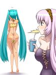 2girls alternate_costume aqua_hair arm ass back bare_arms bare_legs bare_shoulders barefoot bikini bikini_removed blue_eyes blush body_blush bottomless breasts cleavage collarbone cross-laced_clothes dimples_of_venus drink embarrassing feet female flying_sweatdrops from_behind full_body funny hair hairband hatsune_miku high_res highres holding large_breasts legs long_hair looking_at_another megurine_luka miku_hatsune multiple_girls nail_polish neck oonishi_shunsuke pink_hair pink_nails shiny shiny_hair shiny_skin simple_background small_waist spit_take spitting standing strapless surprised swimsuit tan tan_line tanline twin_tails twintails upper_body very_long_hair vocaloid wardrobe_malfunction white_background yellow_bikini yellow_swimsuit