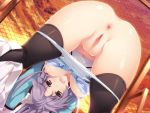 1girl anus bent_over big_breasts black_legwear blush breasts_out_of_clothes brown_eyes clothed_female embarrassed from_behind iizuki_tasuku looking_at_viewer looking_back looking_through_legs lovely_x_cation_2 narukawa_hime open_mouth pants_down purple_hair pussy school_uniform uncensored white_underwear