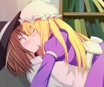 2girls blonde_hair blush brown_hair bust closed_eyes female hair hat headgear kiss kissing long_hair maribel_hearn multiple_girls napalm_zero short_hair touhou upper_body usami_renko yuri