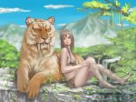  bad_id barefoot brown_hair copyright_request feet long_hair mamedanuki mountain mountains nature sitting smile smilodon tiger 