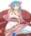 1girl bad_id big_breasts blue_eyes blue_hair blush boots breasts cleavage dragon_quest dragon_quest_v earrings flora flora_(dragon_quest) gloves green_eyes half_updo jewelry long_hair masao nipples ribbon sitting smile solo thigh-highs thighhighs