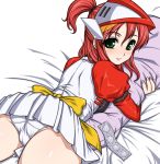  1girl 80s ass aura_battler_dunbine billbine blush condom condom_packet_strip condom_wrapper futaba_channel green_eyes helmet looking_back lying masa_yuki nijiura_maids oldschool panties pantyshot pantyshot_(lying) pillow pillow_hug red_hair seisenshi_dunbine short_hair skirt smile solo underwear white_panties yukimasa_(nkk145) 