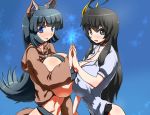  2girls animal_ears blue_eyes blue_hair blush breast_press breasts brown_eyes brown_hair female hair highres histamine_c huge_breasts long_hair multiple_girls smile tail 