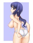 1girl areola areolae ass big_breasts blue_eyes blue_hair braid breasts from_behind long_hair looking_back masa_yuki nipples original original_character panties puffy_nipples smile solo topless underwear white_panties yukimasa_(nkk145)