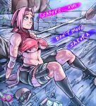 1girl artist_logo big_breasts breasts d-art elbow_gloves green_eyes headband high_heels male male/female medium_breasts naruto naruto_(series) naruto_shippuden partially_clothed pink_hair ripped_clothing sakura_haruno sasuke_uchiha short_hair straight sword teen text under_boob