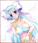  1girl big_breasts blue_eyes blue_hair blush boots bow bracelet breasts c.r. choker dragon_quest dragon_quest_v earrings flora gloves green_eyes hair_bow half_updo jewelry long_hair lots_of_jewelry marker_(medium) millipen_(medium) nipples ribbon shikishi smile solo traditional_media 