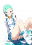 1girl aqua_hair blue_hair boots checkered_floor covering covering_crotch dress dress_tug eureka eureka_seven floor hair_ornament hairclip on_floor pink_eyes short_hair sitting smile solo white_boots yuuzii