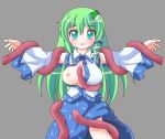 1girl blush breast_slip breasts detached_sleeves female frog_hair_ornament green_eyes green_hair hair_ornament hair_tubes kochiya_sanae long_hair nipples one_breast_out open_mouth shinjitsu skirt snake_hair_ornament tentacle tentacles touhou