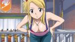 1girl :< animated animated_gif anime bare_shoulders bent_over big_breasts blonde_hair bouncing_breasts breasts brown_eyes center_opening cleavage close-up fairy_tail fanservice female female_only gif hands_on_hips jeans jewelry large_breasts looking_at_viewer lucy_heartfilia necklace pants red_bra rudo solo standing staring wristband