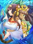 2girls animal_ears bastet_(p&d) black_hair breast_grab brown_hair cat_ears cat_tail crown dark_skin egyptian eiei grabbing green_eyes hair headband isis_(p&d) jewelry lots_of_jewelry multiple_girls one_eye_closed piggyback puzzle_&_dragons staff tail wink