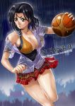  1girl basketball big_breasts black_hair blue_eyes breasts cleavage collarbone ge_xi high_res highres large_breasts original rain school_uniform shirt skirt solo watermark web_address wet wet_clothes wet_shirt yellow_eyes 