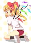 1girl alternate_costume blonde_hair blush bow buruma fang female flandre_scarlet gym_uniform hair_bow high_res highres looking_at_viewer looking_back polka_dot polka_dot_background red_eyes shirt short_hair short_sleeves side_ponytail sitting solo touhou turning wings yuimari