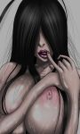  1girl big_breasts black_hair breasts finger_to_mouth hair_over_eye hair_over_eyes hair_over_one_eye huge_breasts inverted_nipples jagi_(nexboy) lips lipstick makeup nipples nude sadako solo the_ring thick_lips wet yamamura_sadako 