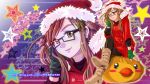  1girl black-framed_glasses blush blush_stickers boots brown_eyes brown_hair christmas coat earrings fingerless_gloves ge_xi glasses gloves hat high_res long_hair original santa_hat semi-rimless_glasses sitting smile star stuffed_animal web_address zoom_layer 