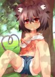 1girl alternate_costume animal_ears breasts censored cleavage convenient_censoring female grass grey_hair high_res highres leaning_back looking_at_viewer midriff mouse_ears mouse_tail navel nazrin off_shoulder red_eyes shirt short_hair shorts sitting smile solo spread_legs tail touhou tree zamudelin