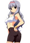 1girl alluring ass bare_shoulders bike_shorts grey_hair hairband highres idolmaster kyokutou_hentai_samurai long_hair looking_at_viewer midriff purple_eyes shijou_takane silver_hair smile solo sports_bra voluptuous