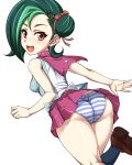  1girl ass brown_eyes green_hair high_res highres looking_back masa_yuki mizuki_kotori_(yuu-gi-ou_zexal) panties pantyshot running short_hair skirt striped striped_panties underwear upskirt wind wind_lift yu-gi-oh! yu-gi-oh!_zexal yukimasa_(nkk145) yuu-gi-ou yuu-gi-ou_zexal 