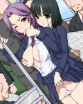  2girls breast_grab breasts chijo chikan exhibitionism female_chikan grabbing hair kajiki_yumi masa_yuki multiple_girls nail_polish no_bra open_clothes open_shirt public purple_hair saki_(series) saki_achiga-hen school_uniform shirt tears touyoko_momoko train train_interior uncensored wince yukimasa_(nkk145) yuri 