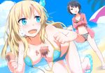  2girls aqua_eyes big_breasts bikini black_hair blonde_hair blush boku_wa_tomodachi_ga_sukunai breasts butterfly_hair_ornament falling food front-tie_top gochou_(comedia80) hair hair_ornament ice_cream kashiwazaki_sena long_hair mikazuki_yozora multiple_girls open_mouth purple_eyes short_hair smile spilling striped striped_bikini striped_swimsuit swimsuit tears untied 